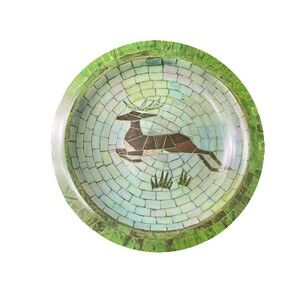 Vintage Waverly Green Mosaic Deer Platter 13” Melamine 1954 Serving MCM